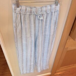 SPLENDID Linen Striped Pants Light Blue Cropped Drawstring Casual Pull-on